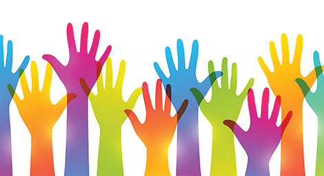 coloured hands raised